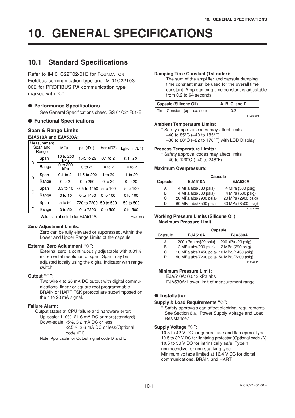 General specifications, 1 standard specifications, General specifications -1 | 1 standard specifications -1 | Yokogawa EJA530A User Manual | Page 57 / 67