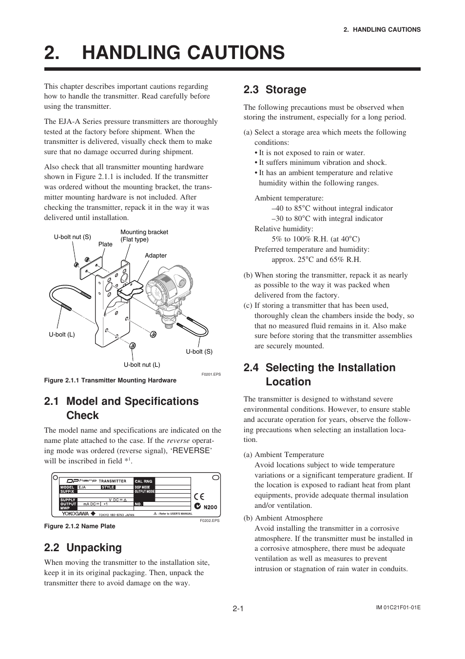 Handling cautions, 1 model and specifications check, 2 unpacking | 3 storage, 4 selecting the installation location, Handling cautions -1, Model and specifications check -1, Unpacking -1, Storage -1, Selecting the installation location -1 | Yokogawa EJA530A User Manual | Page 9 / 67