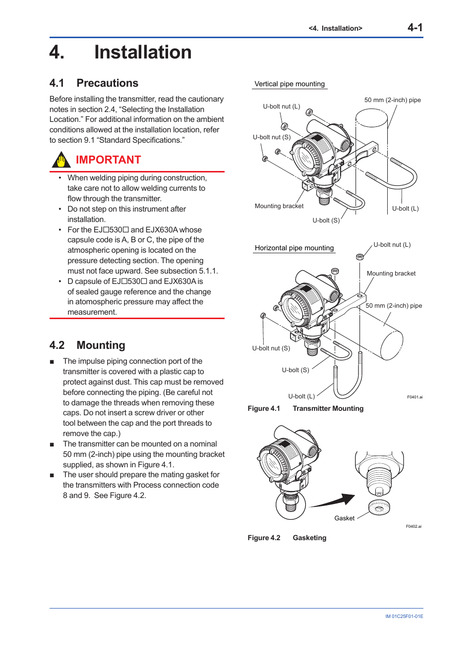 Installation, 1 precautions, 2 mounting | Installation -1, Precautions -1, Mounting -1, Important | Yokogawa EJA530E User Manual | Page 22 / 52