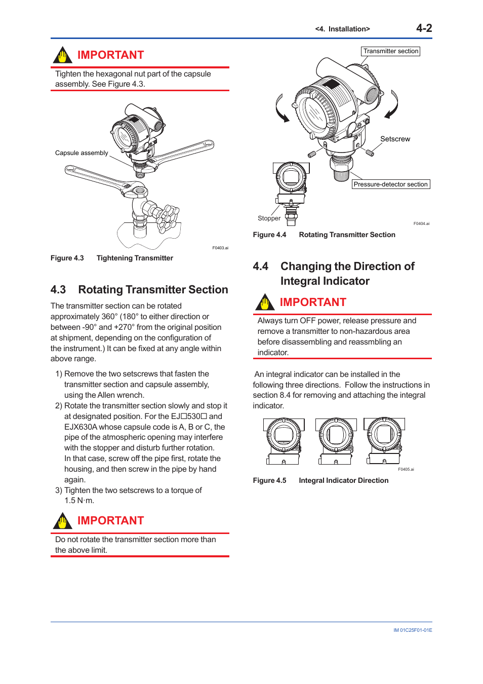 3 rotating transmitter section, 4 changing the direction of integral indicator, Rotating transmitter section -2 | Changing the direction of integral indicator -2, Important | Yokogawa EJA530E User Manual | Page 23 / 52