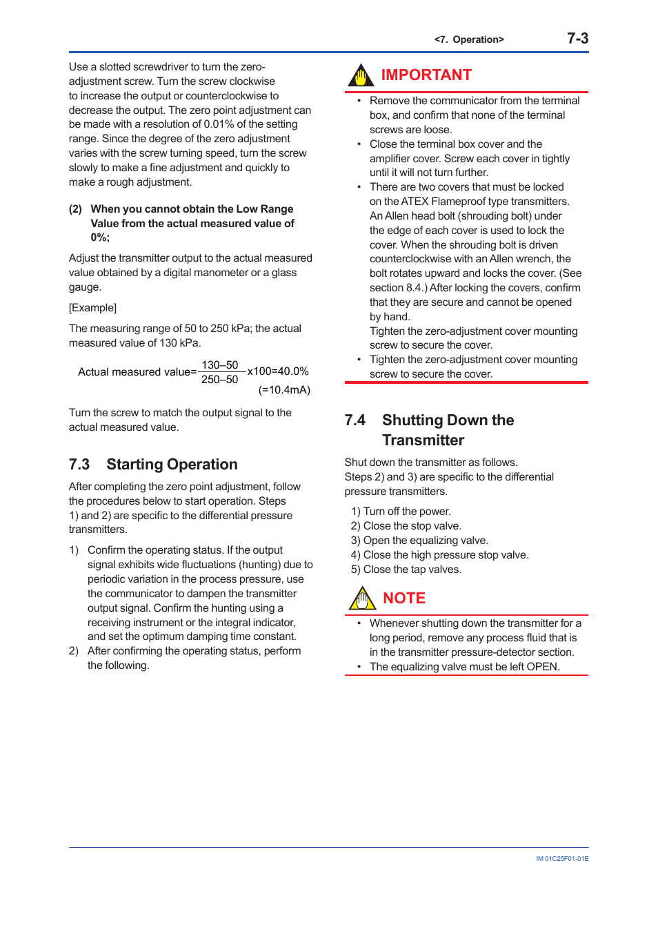 3 starting operation, 4 shutting down the transmitter, Starting operation -3 | Shutting down the transmitter -3, Important | Yokogawa EJA530E User Manual | Page 31 / 52