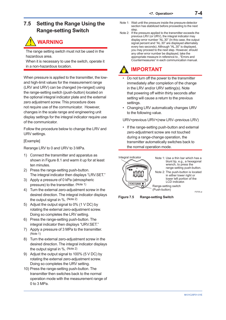 5 setting the range using the range-setting switch, Important | Yokogawa EJA530E User Manual | Page 32 / 52