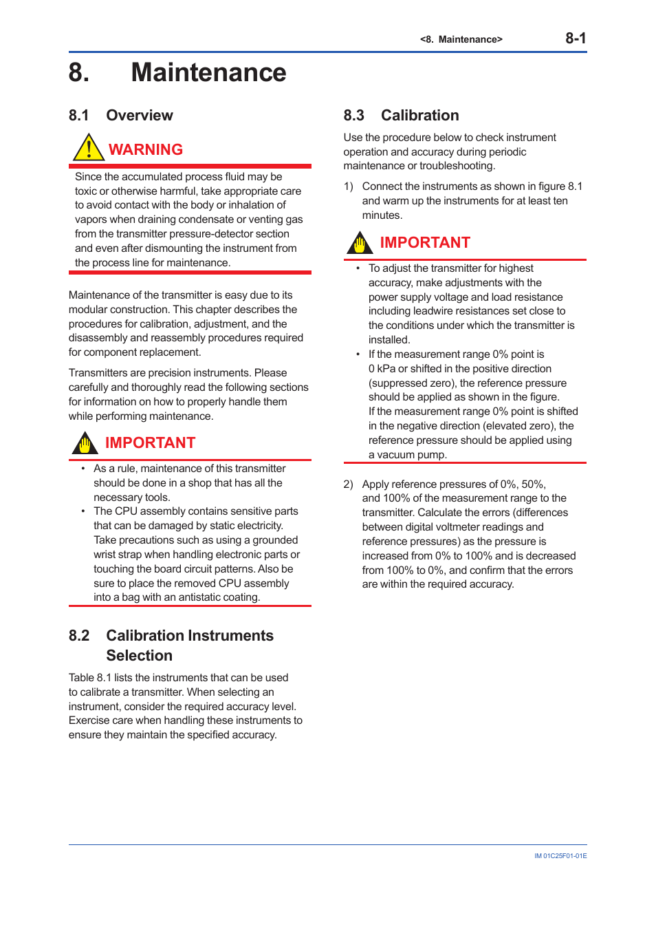 Maintenance, 1 overview, 2 calibration instruments selection | 3 calibration, Maintenance -1, Overview -1, Calibration instruments selection -1, Calibration -1, 1 overview warning, Important | Yokogawa EJA530E User Manual | Page 33 / 52
