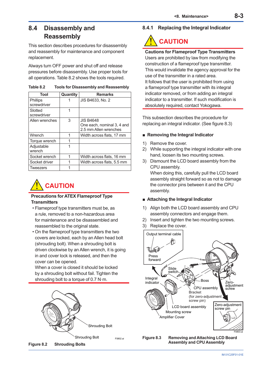 4 disassembly and reassembly, 1 replacing the integral indicator, Disassembly and reassembly -3 8.4.1 | Replacing the integral indicator -3, Caution | Yokogawa EJA530E User Manual | Page 35 / 52