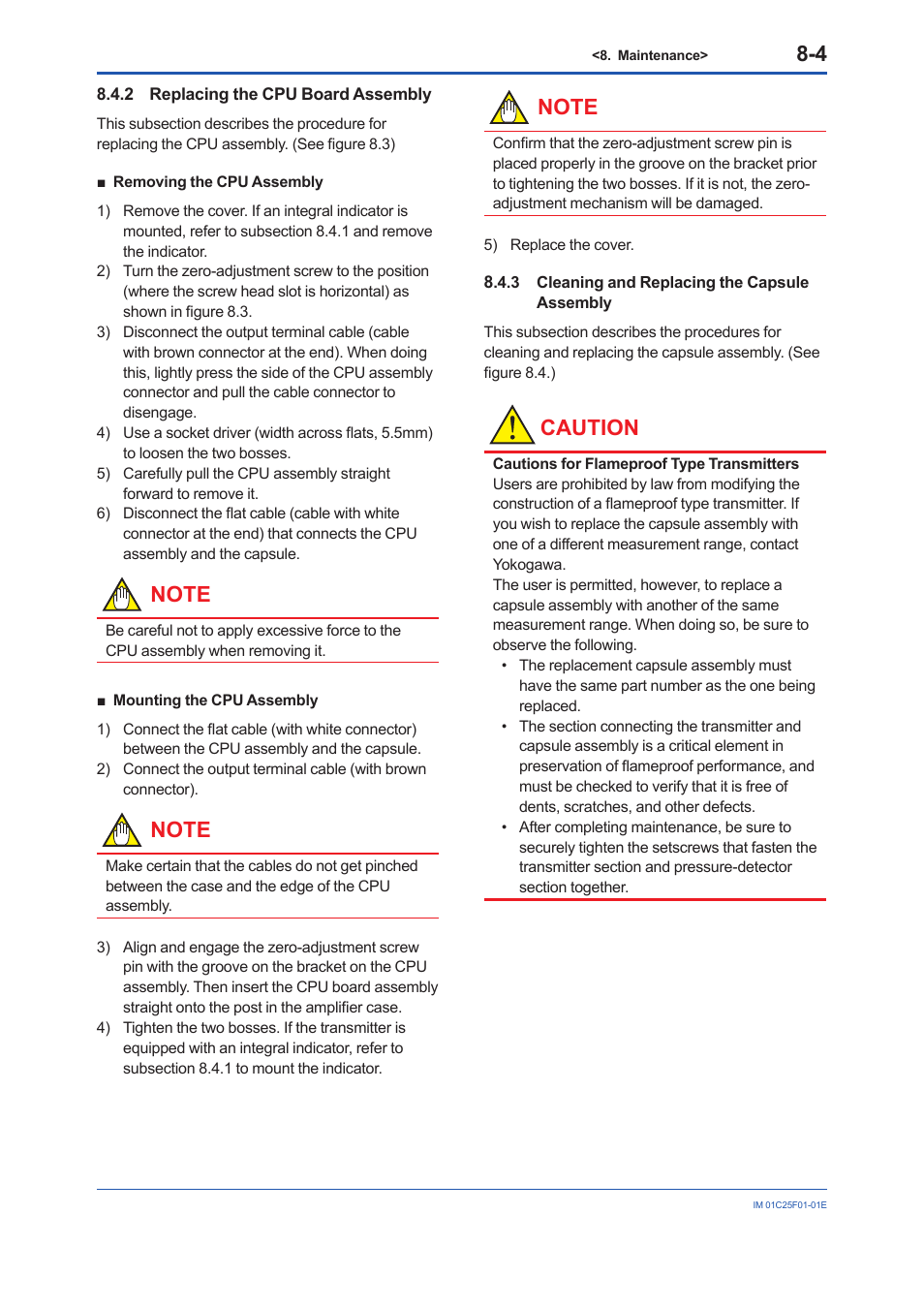 2 replacing the cpu board assembly, 3 cleaning and replacing the capsule assembly, Replacing the cpu board assembly -4 | Cleaning and replacing the capsule assembly -4, Caution | Yokogawa EJA530E User Manual | Page 36 / 52
