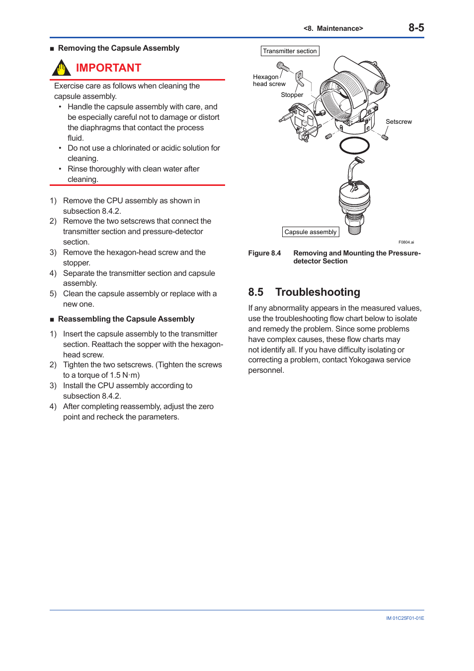 5 troubleshooting, Troubleshooting -5, Important | Yokogawa EJA530E User Manual | Page 37 / 52