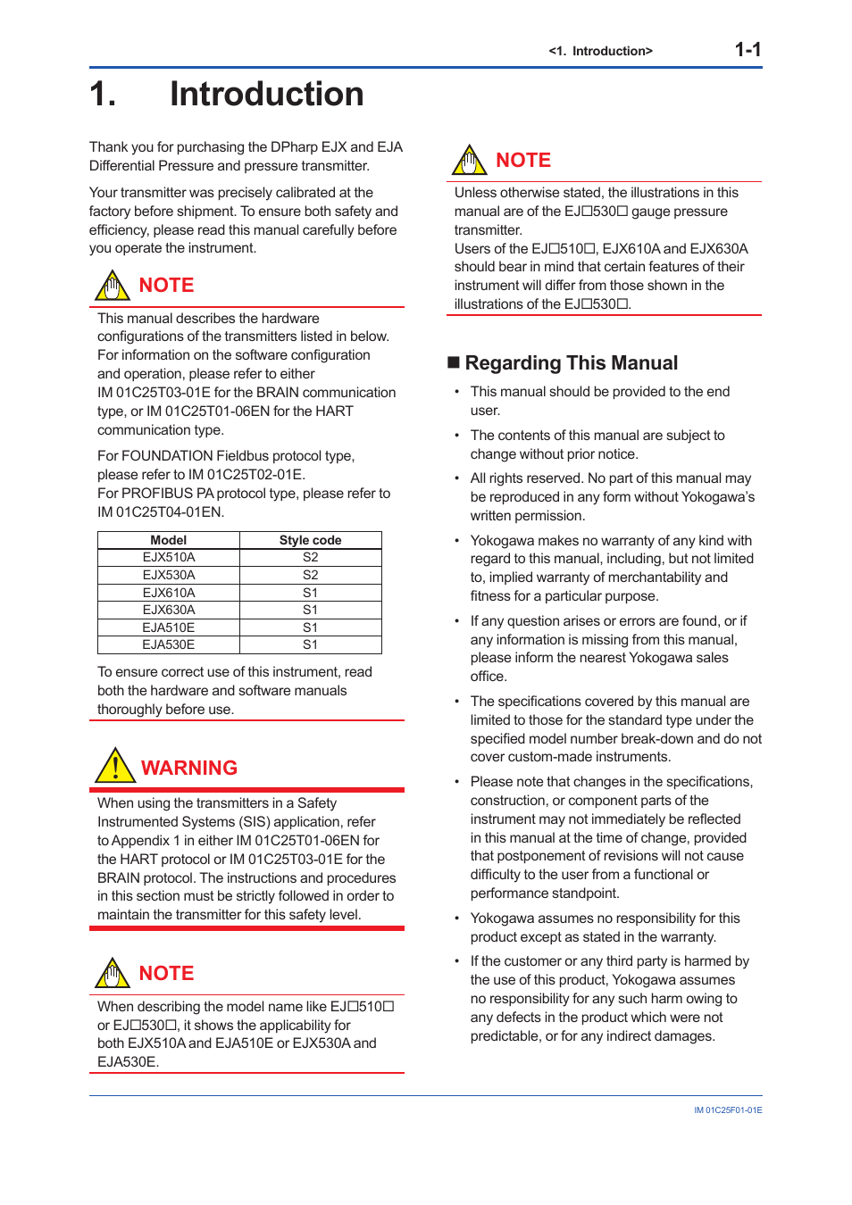 Introduction, Regarding this manual, Introduction -1 | Regarding this manual -1, Warning | Yokogawa EJA530E User Manual | Page 4 / 52
