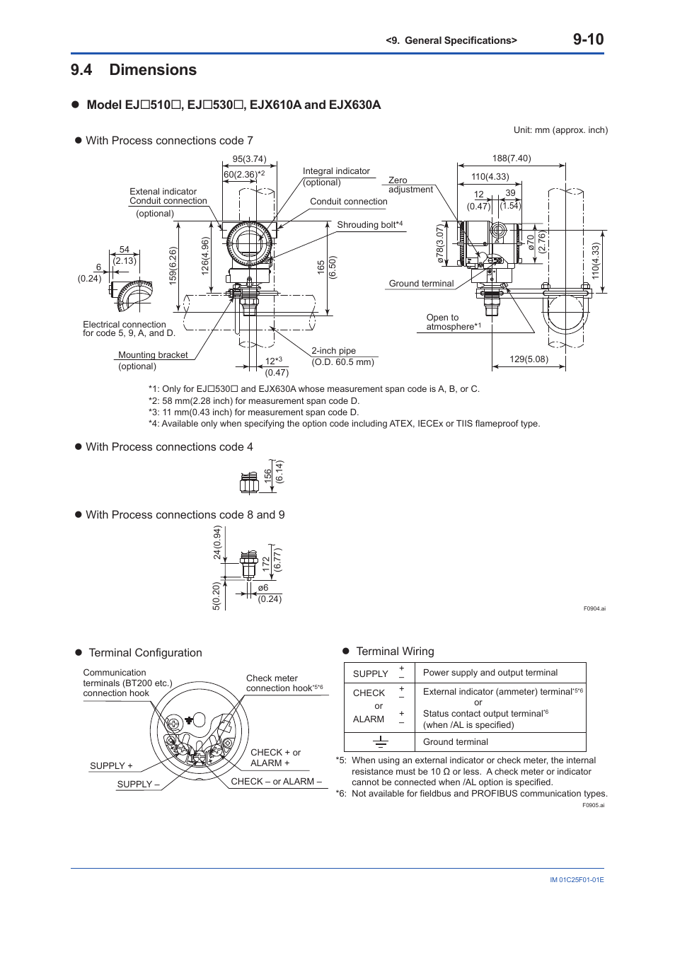 4 dimensions, Dimensions -10, Terminal configuration | Terminal wiring | Yokogawa EJA530E User Manual | Page 50 / 52