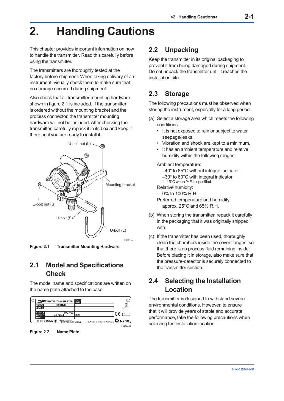 Handling cautions, 1 model and specifications check, 2 unpacking | 3 storage, 4 selecting the installation location, Handling cautions -1, Model and specifications check -1, Unpacking -1, Storage -1, Selecting the installation location -1 | Yokogawa EJA530E User Manual | Page 8 / 52