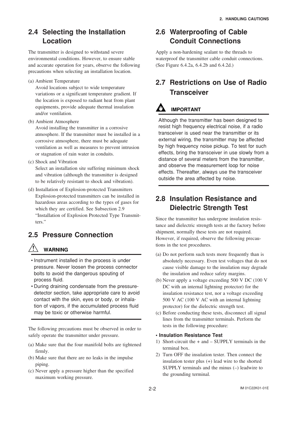 4 selecting the installation location, 5 pressure connection, 6 waterproofing of cable conduit connections | 7 restrictions on use of radio transceiver, Selecting the installation location -2, Pressure connection -2, Waterproofing of cable conduit connections -2, Restrictions on use of radio transceiver -2 | Yokogawa EJA115 User Manual | Page 10 / 85