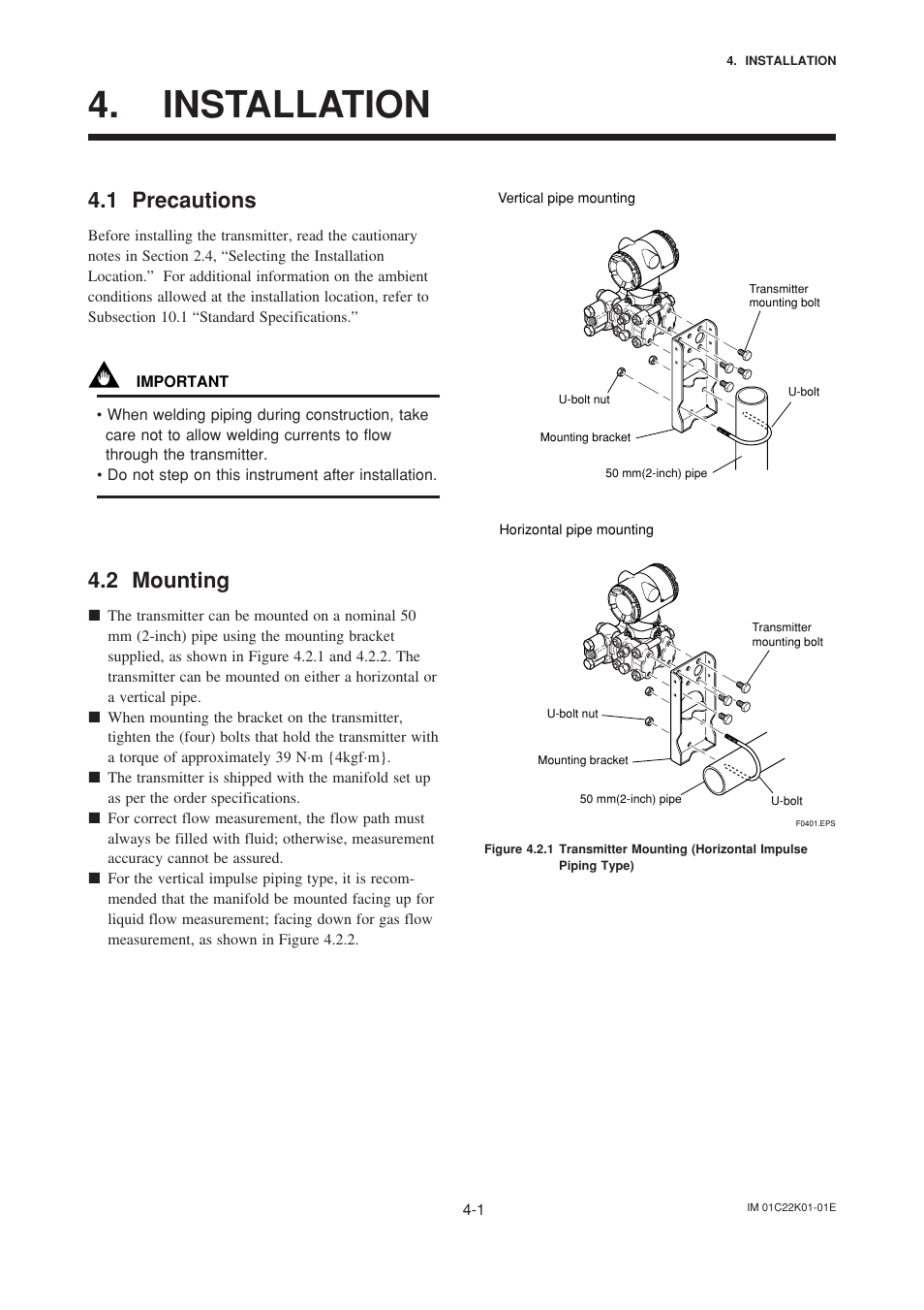 Installation, 1 precautions, 2 mounting | Installation -1, Precautions -1, Mounting -1 | Yokogawa EJA115 User Manual | Page 22 / 85