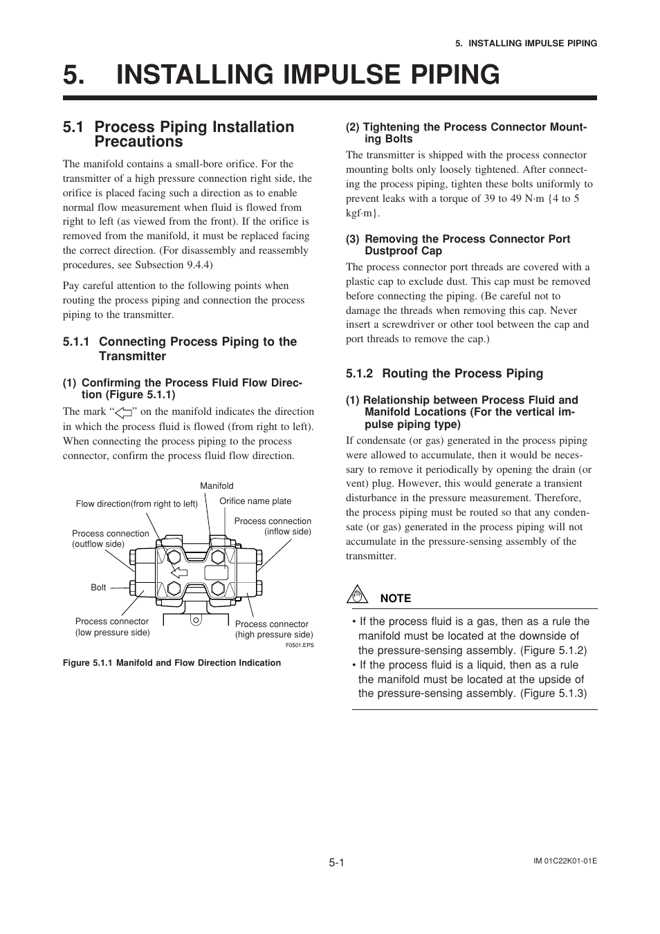 Installing impulse piping, 1 process piping installation precautions, 1 connecting process piping to the transmitter | 2 routing the process piping, Installing impulse piping -1, Process piping installation precautions -1, Connecting process piping to the transmitter -1, Routing the process piping -1 | Yokogawa EJA115 User Manual | Page 25 / 85