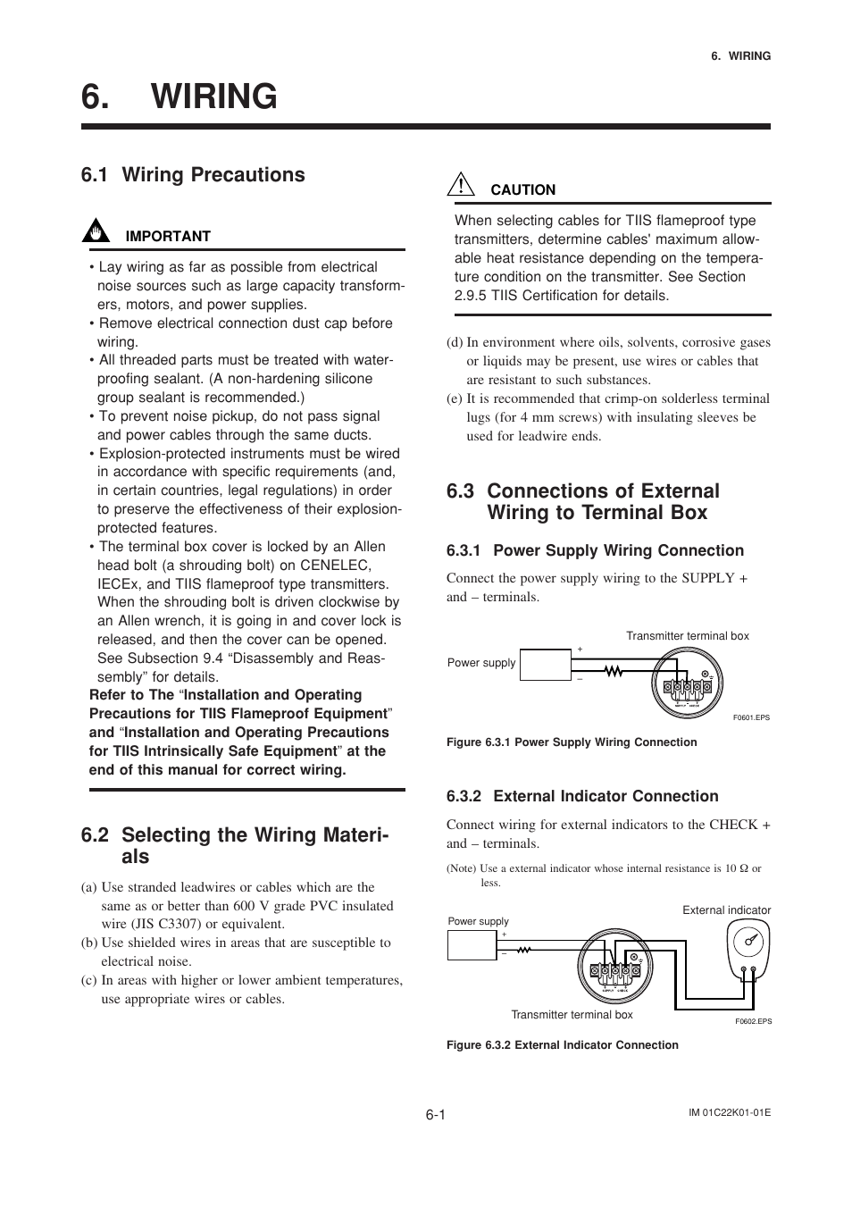 Wiring, 1 wiring precautions, 2 selecting the wiring materials | 3 connections of external wiring to terminal box, 1 power supply wiring connection, 2 external indicator connection, Wiring -1, Wiring precautions -1, Selecting the wiring materials -1, Connections of external wiring to terminal box -1 | Yokogawa EJA115 User Manual | Page 27 / 85