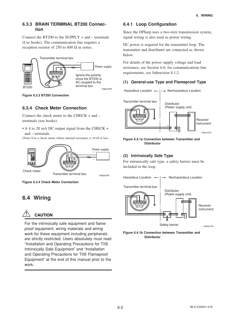 3 brain terminal bt200 connection, 4 check meter connection, 4 wiring | 1 loop configuration, 1) general-use type and flameproof type, 2) intrinsically safe type, Brain terminal bt200 connection -2, Check meter connection -2, Wiring -2, Loop configuration -2 | Yokogawa EJA115 User Manual | Page 28 / 85