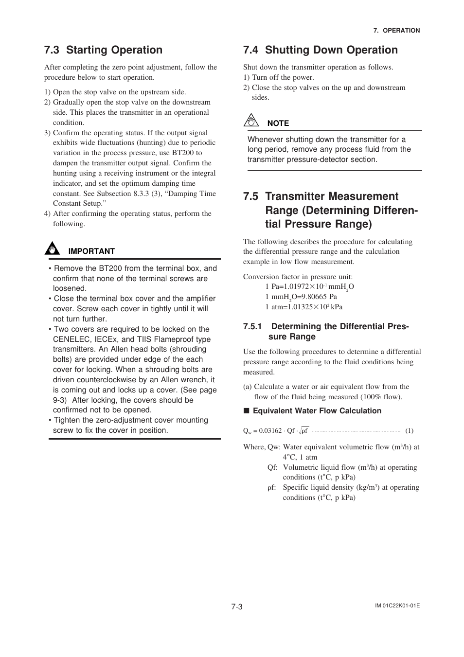 3 starting operation, 4 shutting down operation, 1 determining the differential pressure range | Starting operation -3, Shutting down operation -3, Transmitter measurement range -3, Determining the differential pressure range -3 | Yokogawa EJA115 User Manual | Page 33 / 85