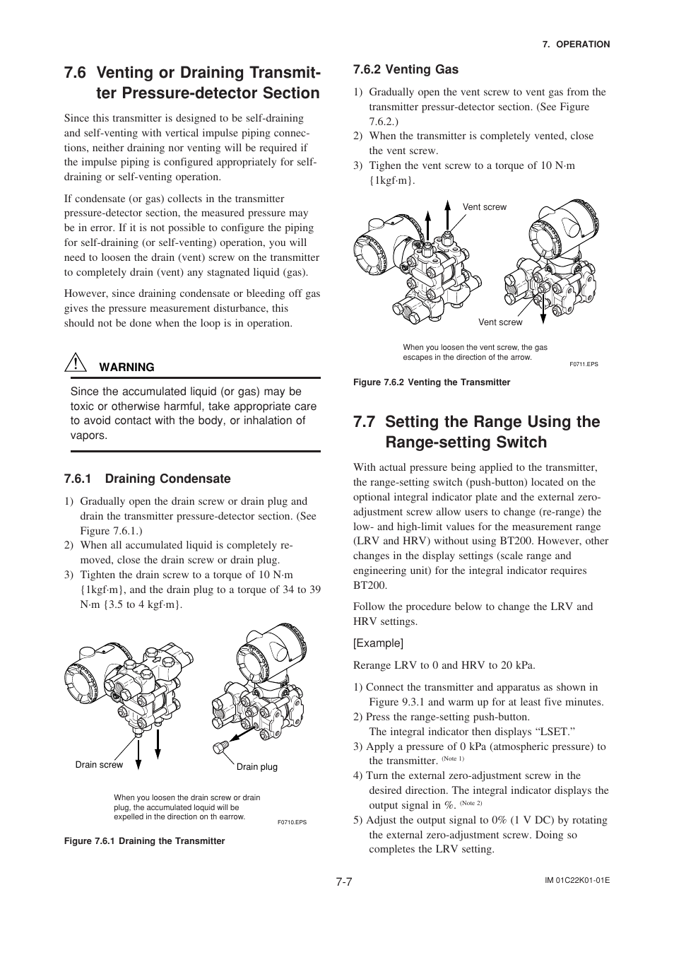 1 draining condensate, 2 venting gas, 7 setting the range using the range-setting switch | Draining condensate -7, Venting gas -7 | Yokogawa EJA115 User Manual | Page 37 / 85
