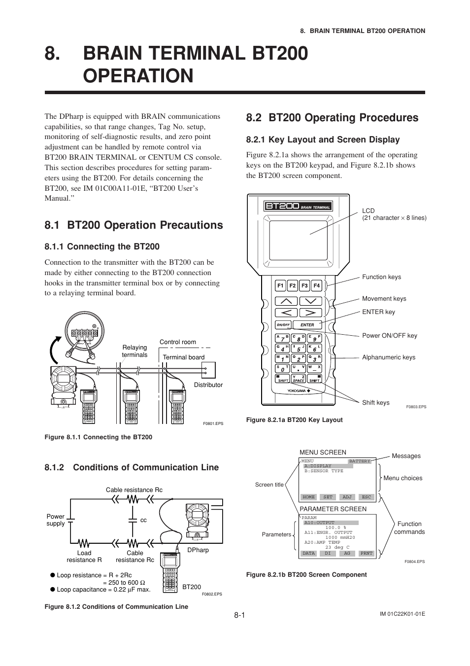 Brain terminal bt200 operation, 1 bt200 operation precautions, 1 connecting the bt200 | 2 conditions of communication line, 2 bt200 operating procedures, 1 key layout and screen display, Brain terminal bt200 operation -1, Bt200 operation precautions -1, Connecting the bt200 -1, Conditions of communication line -1 | Yokogawa EJA115 User Manual | Page 39 / 85
