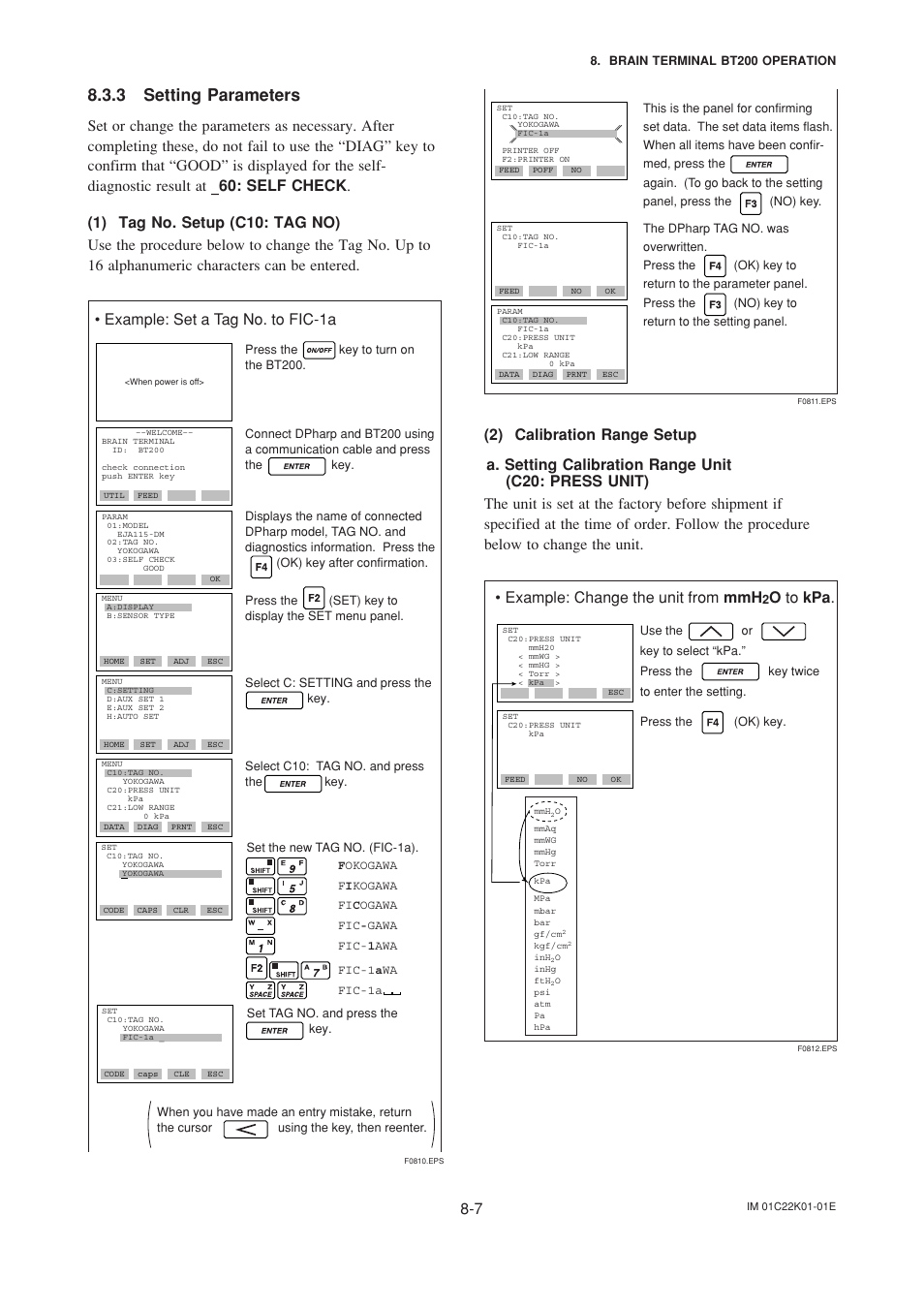 3 setting parameters, 1) tag no. setup, 2) calibration range setup | Setting parameters -7, Tag no. setup -7, Calibration range setup -7, Example: set a tag no. to fic-1a, Example: change the unit from mmh, O to kpa | Yokogawa EJA115 User Manual | Page 45 / 85