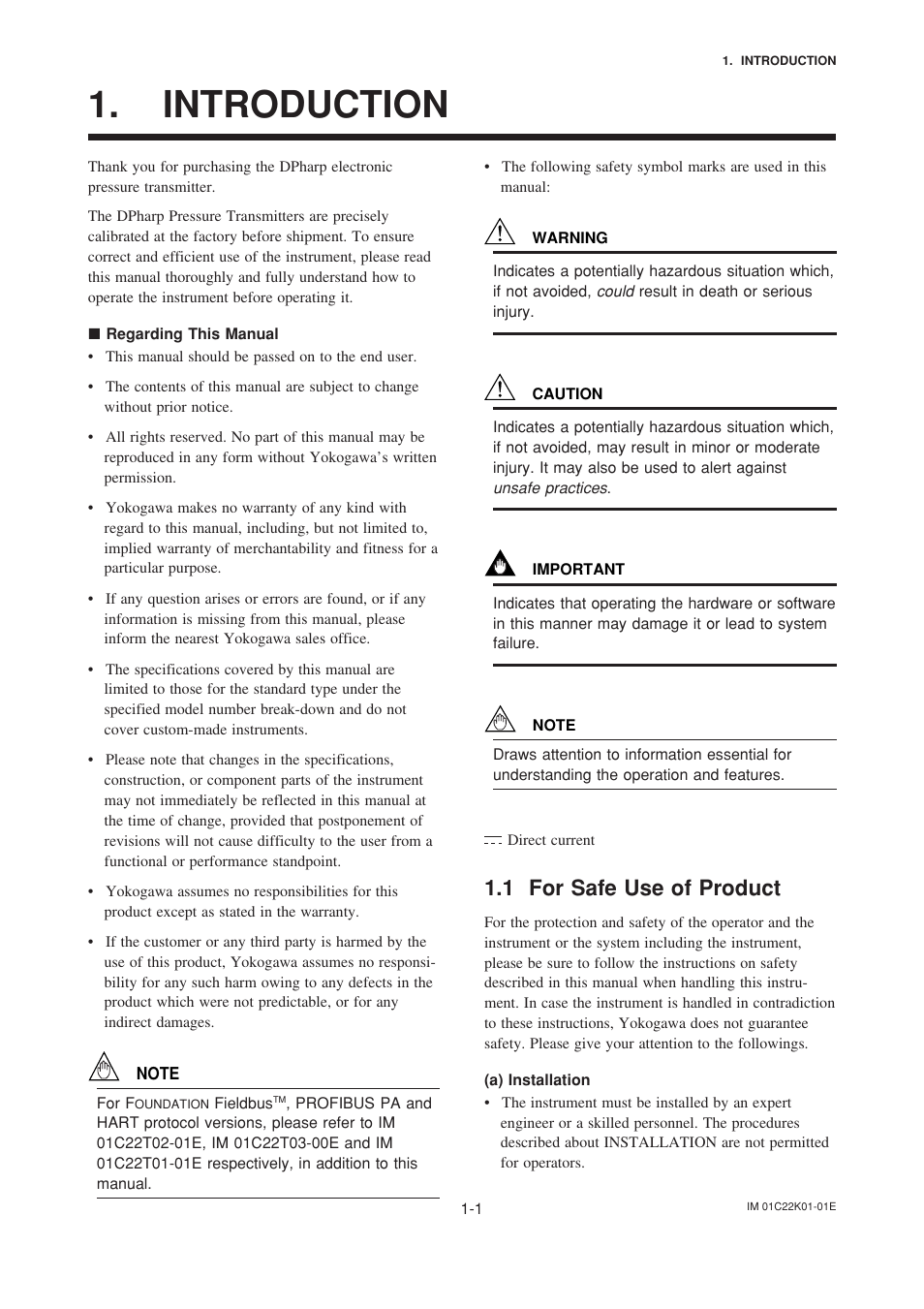 Introduction, Regarding this manual, 1 for safe use of product | Introduction -1 | Yokogawa EJA115 User Manual | Page 5 / 85