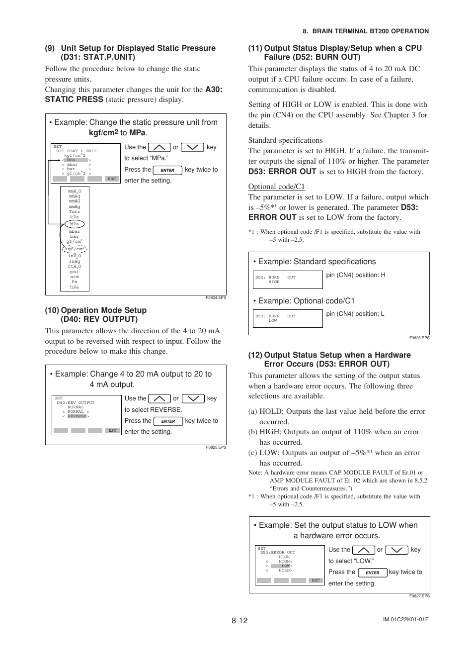 9) unit setup for displayed static pressure, 10) operation mode setup, 11) output status display/setup when a cpu failure | Unit setup for displayed static pressure -12, Example: standard specifications, Example: optional code/c1, When an error has occurred | Yokogawa EJA115 User Manual | Page 50 / 85
