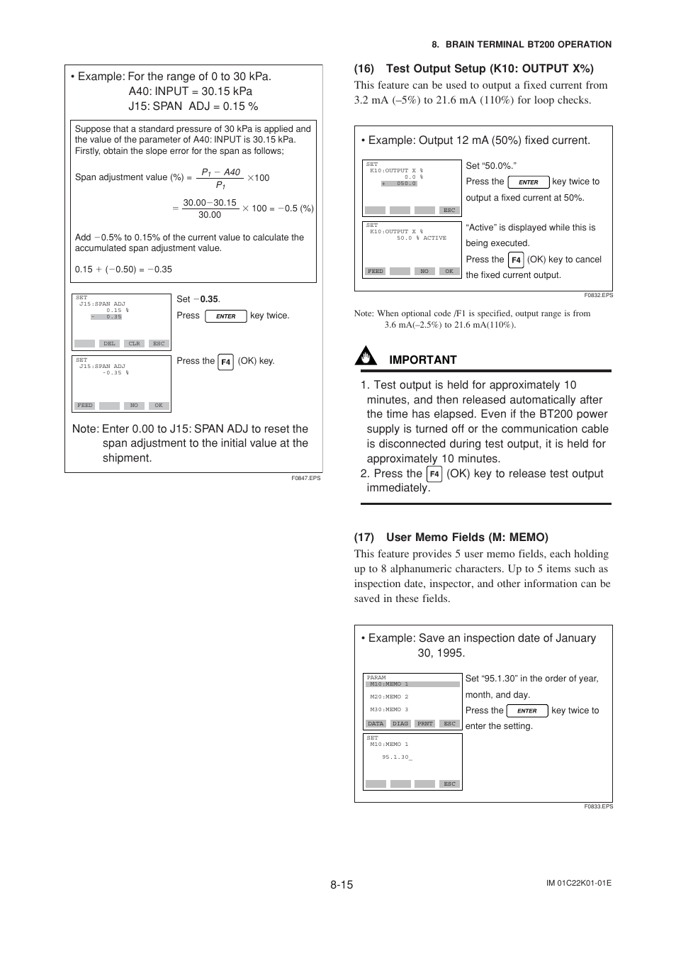 16) test output setup, 17) user memo fields | Yokogawa EJA115 User Manual | Page 53 / 85