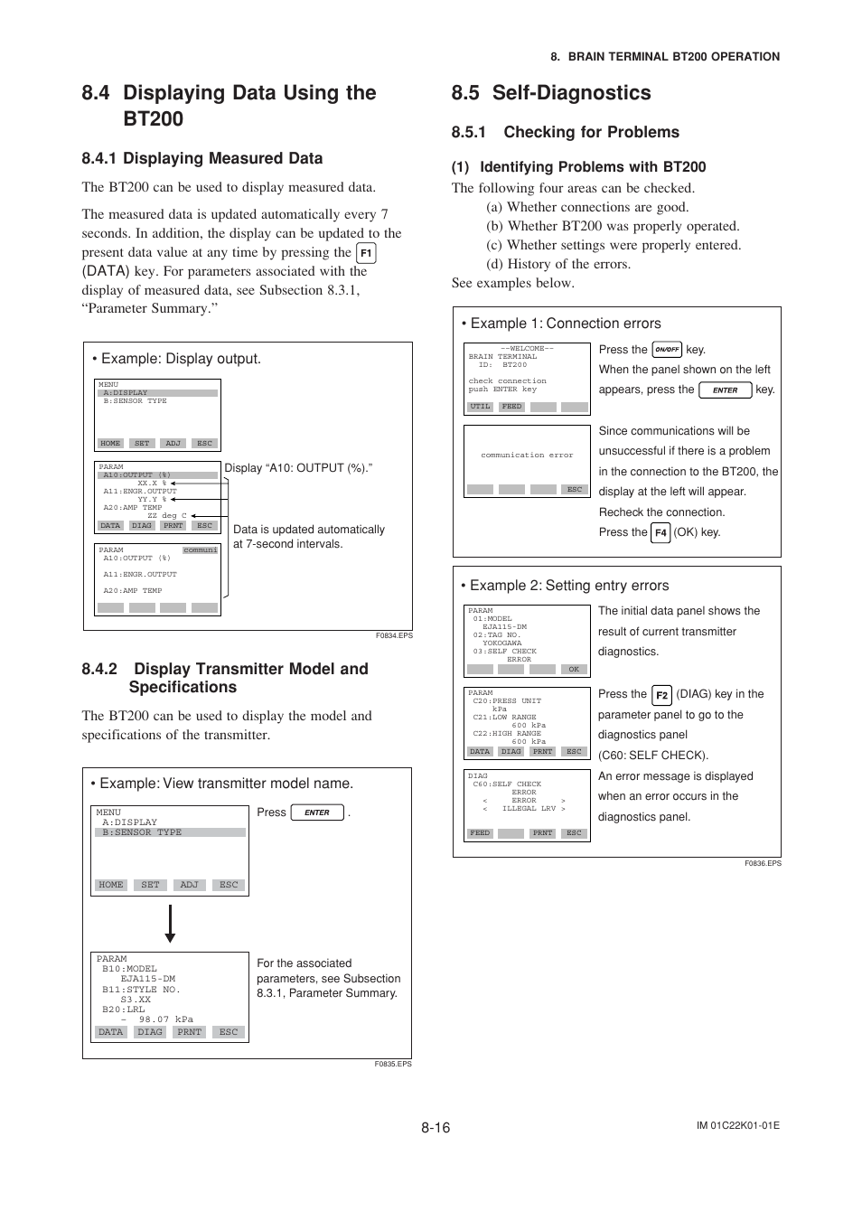 4 displaying data using the bt200, 1 displaying measured data, 2 display transmitter model and specifications | 5 self-diagnostics, 1 checking for problems, 1) identifying problems with bt200, Displaying data using the bt200 -16, Displaying measured data -16, Display transmitter model and specifications -16, Self-diagnostics -16 | Yokogawa EJA115 User Manual | Page 54 / 85