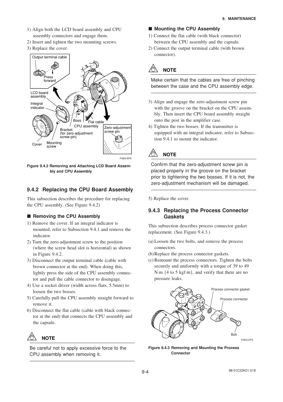 2 replacing the cpu board assembly, 3 replacing the process connector gaskets, Replacing the cpu board assembly -4 | Yokogawa EJA115 User Manual | Page 60 / 85