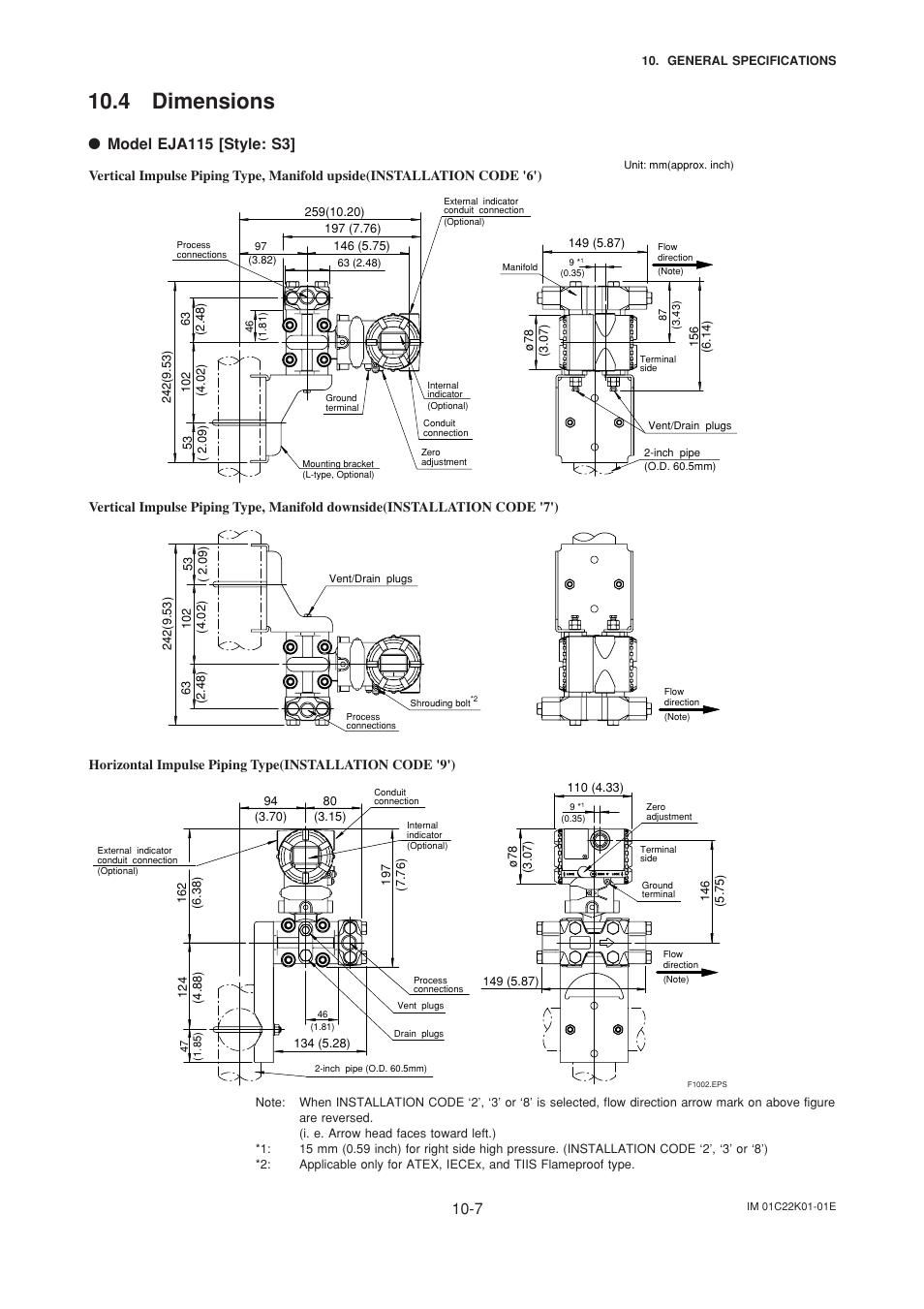 4 dimensions, 4 dimensions -7, Model eja115 [style: s3 | Yokogawa EJA115 User Manual | Page 71 / 85