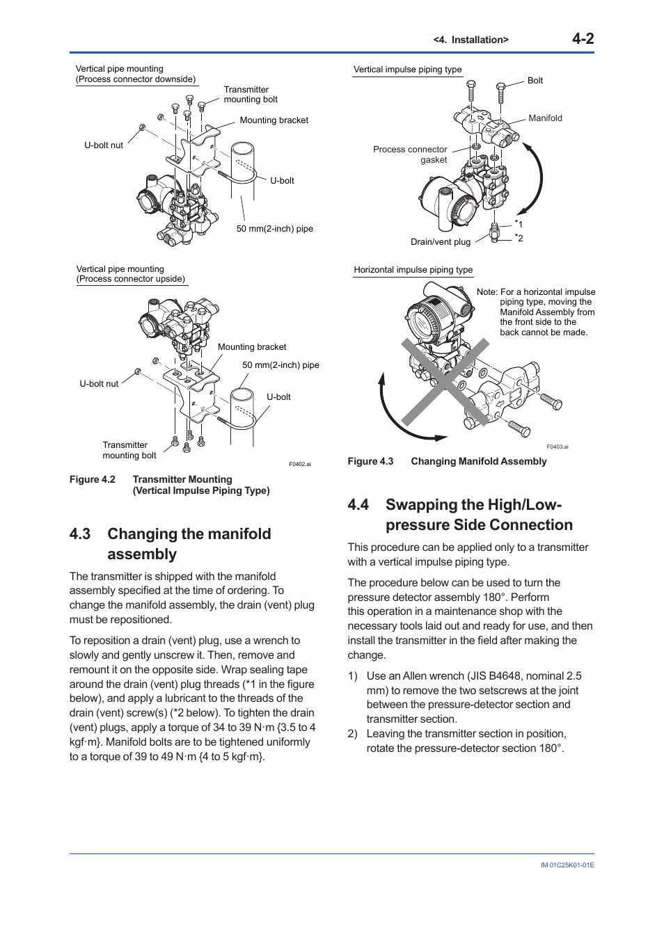 3 changing the manifold assembly, 4 swapping the high/low-pressure side connection, Changing the manifold assembly -2 | Swapping the high/low-pressure side connection -2, 4 swapping the high/low- pressure side connection | Yokogawa EJX115A User Manual | Page 24 / 55