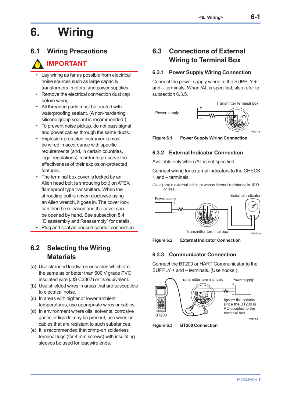 Wiring, 1 wiring precautions, 2 selecting the wiring materials | 3 connections of external wiring to terminal box, 1 power supply wiring connection, 2 external indicator connection, 3 communicator connection, Wiring -1, Wiring precautions -1, Selecting the wiring materials -1 | Yokogawa EJX115A User Manual | Page 28 / 55