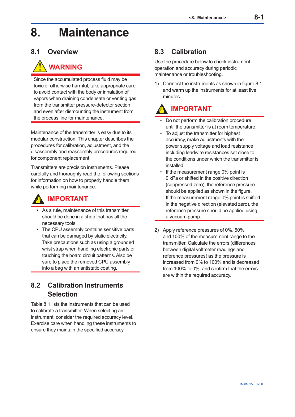 Maintenance, 1 overview, 2 calibration instruments selection | 3 calibration, Maintenance -1, Overview -1, Calibration instruments selection -1, Calibration -1, 1 overview warning, Important | Yokogawa EJX115A User Manual | Page 38 / 55