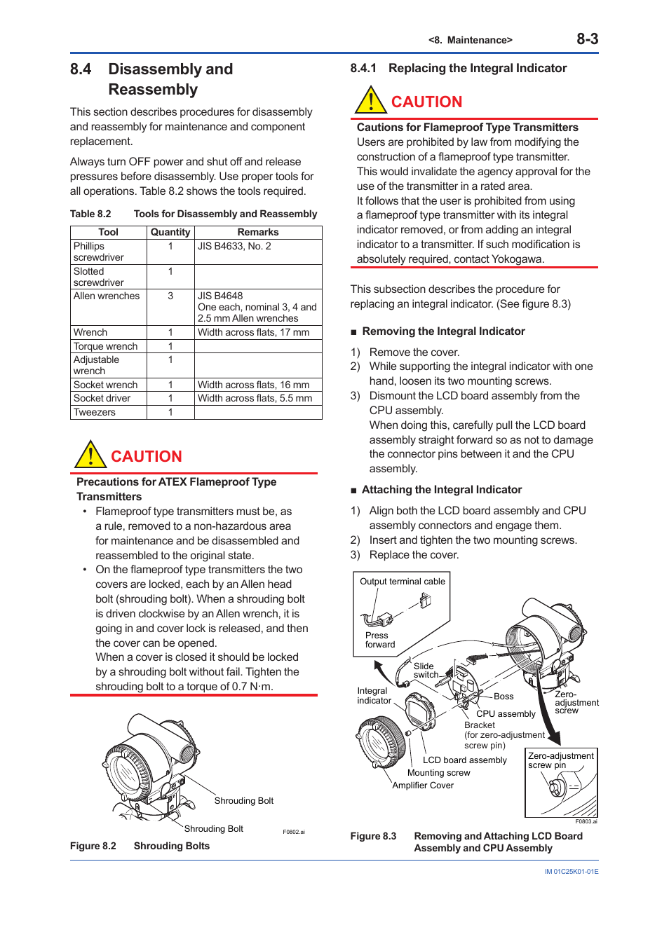 4 disassembly and reassembly, 1 replacing the integral indicator, Disassembly and reassembly -3 8.4.1 | Replacing the integral indicator -3, Caution | Yokogawa EJX115A User Manual | Page 40 / 55