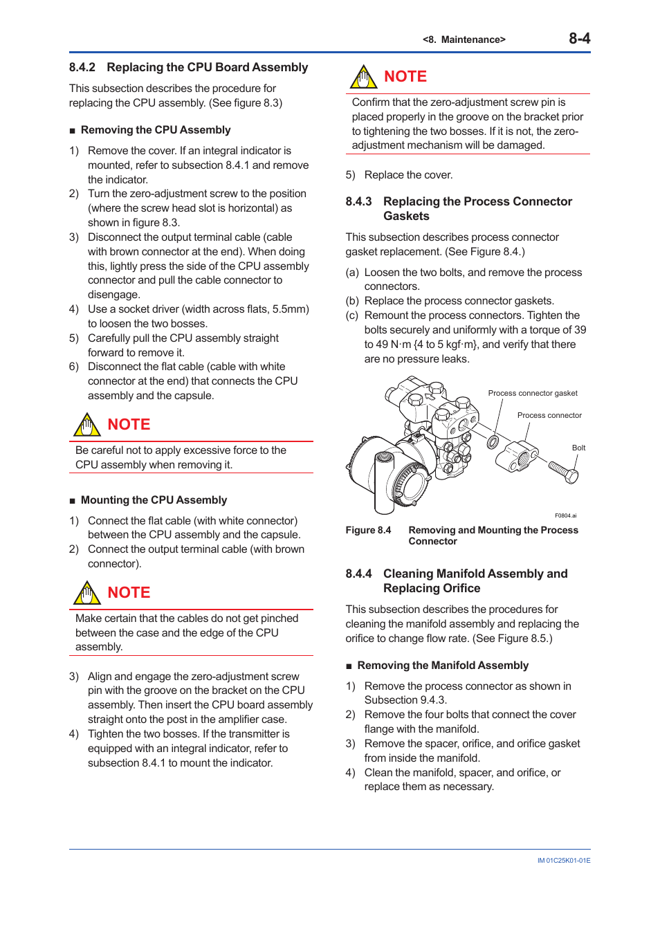 2 replacing the cpu board assembly, 3 replacing the process connector gaskets, 4 cleaning manifold assembly and replacing orifice | Replacing the cpu board assembly -4, Replacing the process connector gaskets -4 | Yokogawa EJX115A User Manual | Page 41 / 55