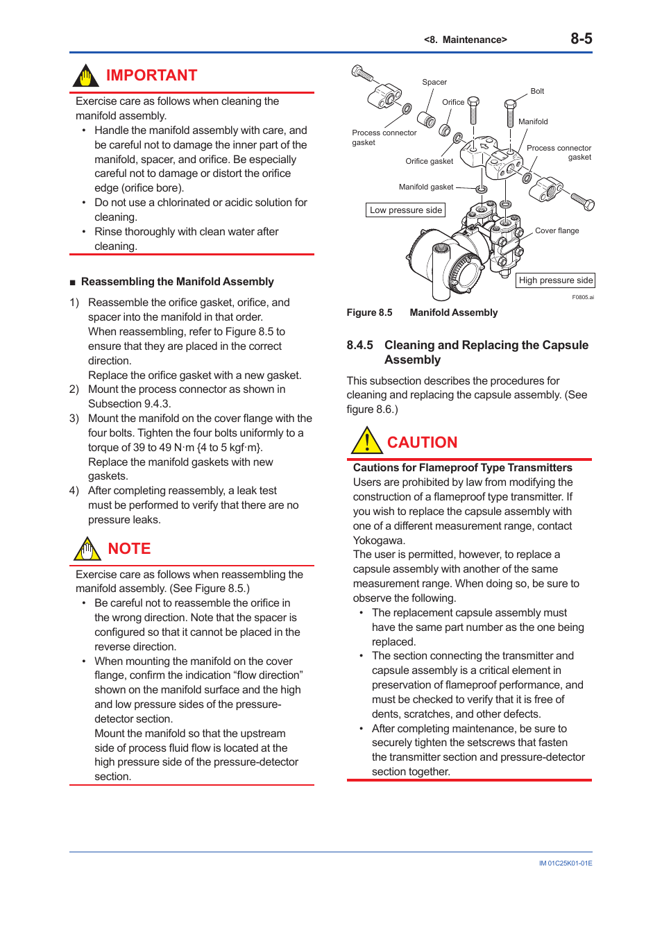 5 cleaning and replacing the capsule assembly, Cleaning and replacing the capsule assembly -5, Important | Caution | Yokogawa EJX115A User Manual | Page 42 / 55
