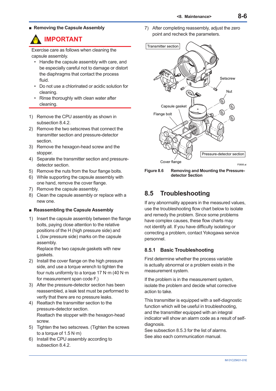 5 troubleshooting, 1 basic troubleshooting, Troubleshooting -6 8.5.1 | Basic troubleshooting -6, Important | Yokogawa EJX115A User Manual | Page 43 / 55