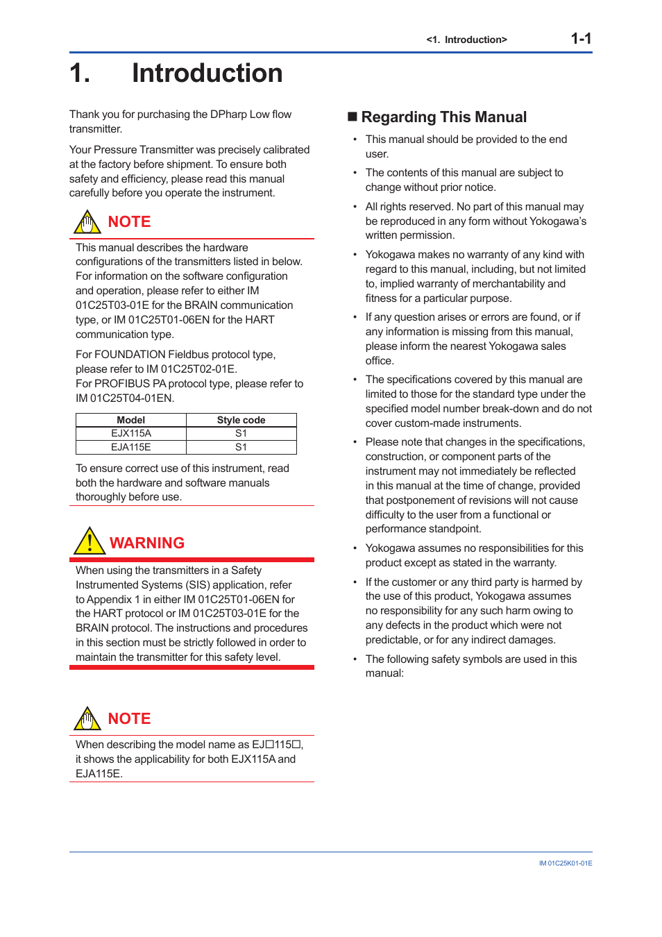 Introduction, Regarding this manual, Introduction -1 | Regarding this manual -1, Warning | Yokogawa EJX115A User Manual | Page 5 / 55