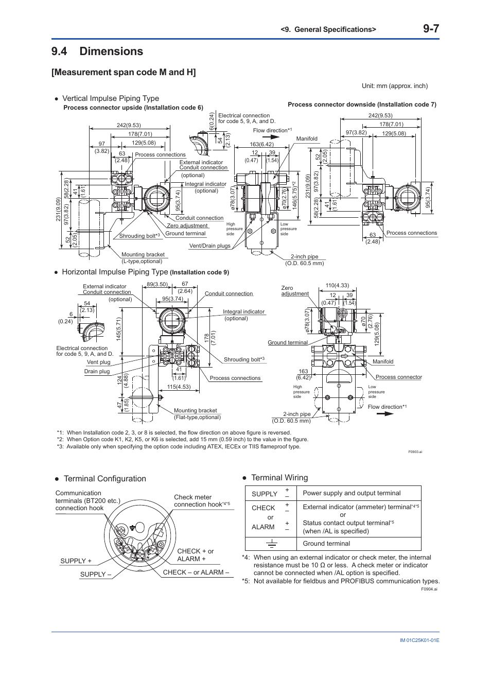 4 dimensions, Measurement span code m and h, Dimensions -7 [measurement span code m and h] -7 | Terminal configuration, Terminal wiring, General specifications, Horizontal impulse piping type, Vertical impulse piping type | Yokogawa EJX115A User Manual | Page 53 / 55