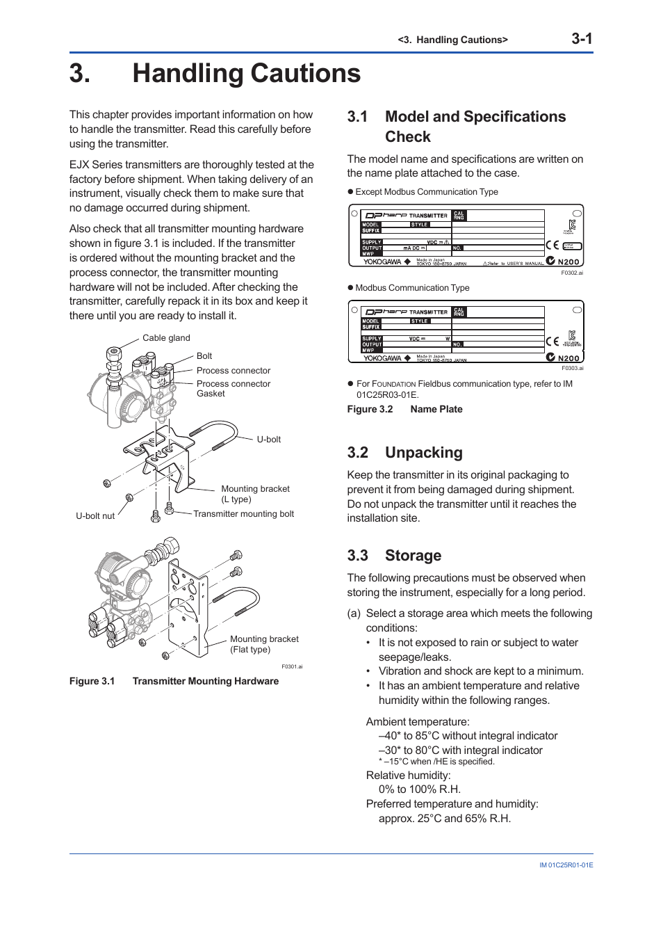 Handling cautions, 1 model and specifications check, 2 unpacking | 3 storage, Handling cautions -1, Model and specifications check -1, Unpacking -1, Storage -1 | Yokogawa EJX930A User Manual | Page 18 / 83