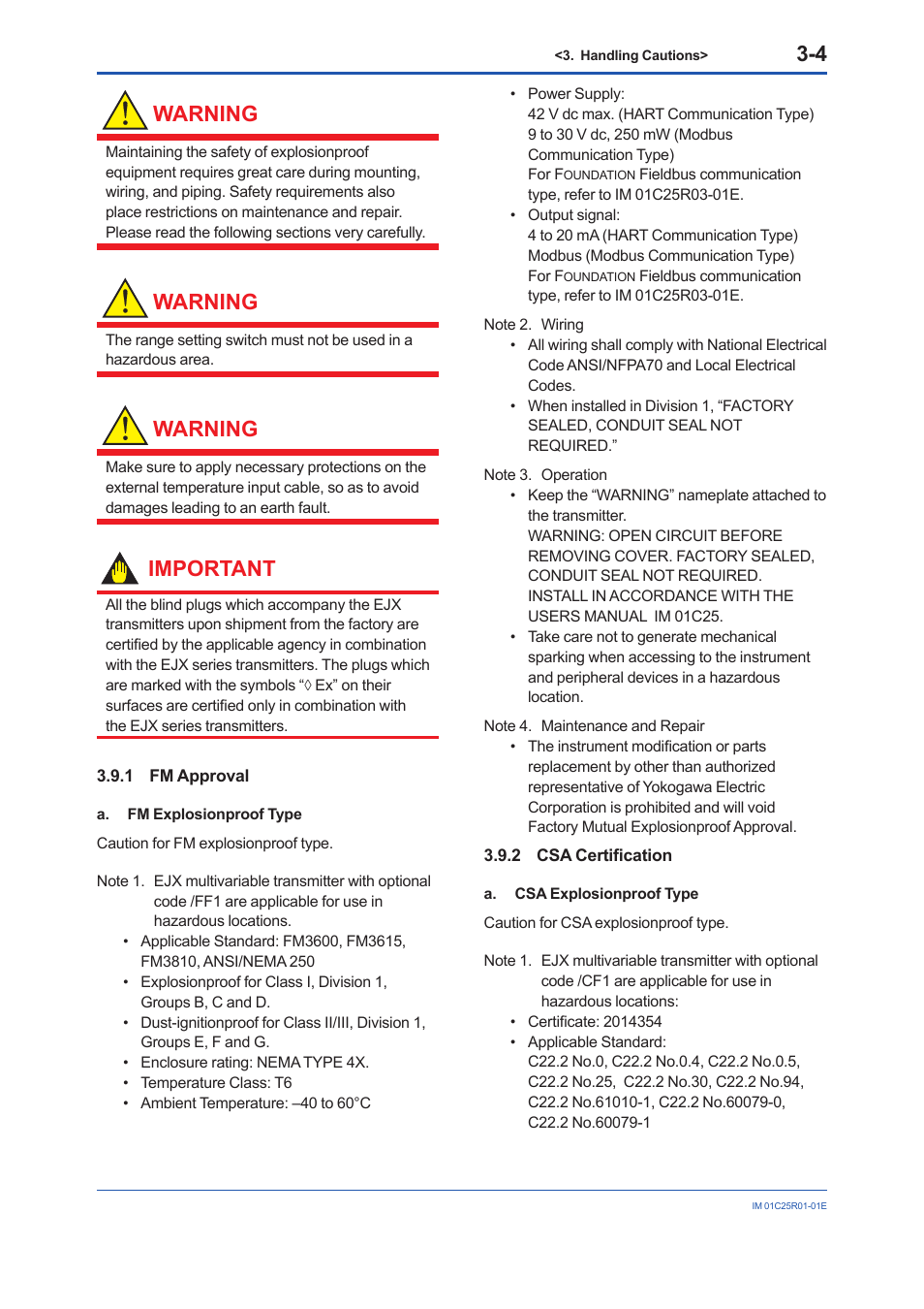 1 fm approval, 2 csa certification, Fm approval -4 | Csa certification -4, Warning, Important | Yokogawa EJX930A User Manual | Page 21 / 83