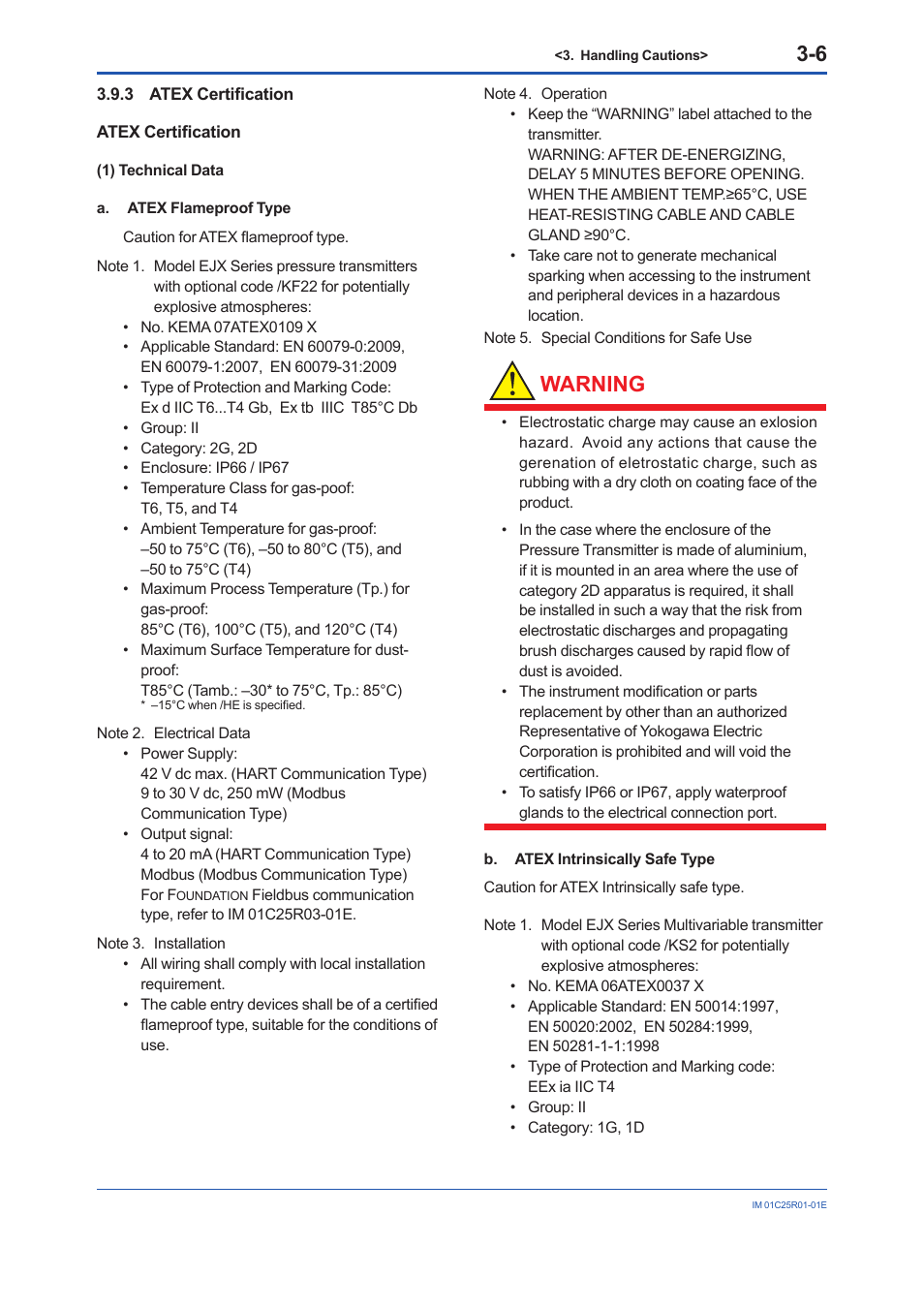 3 atex certification, Atex certification -6, Warning | Yokogawa EJX930A User Manual | Page 23 / 83