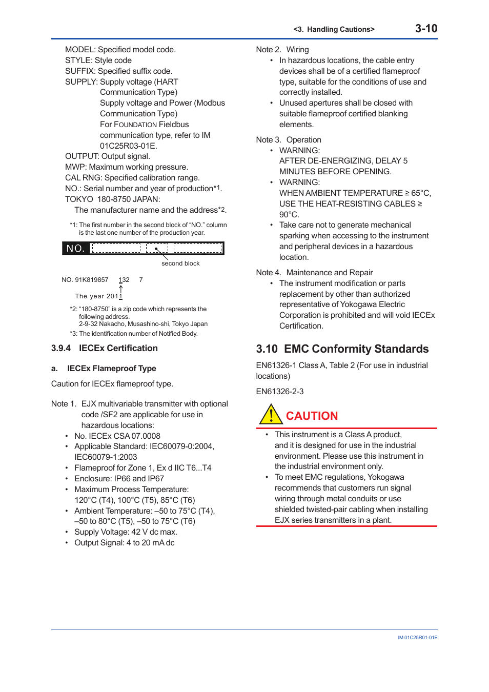4 iecex certification, 10 emc conformity standards, Iecex certification -10 | Emc conformity standards -10, Caution | Yokogawa EJX930A User Manual | Page 27 / 83