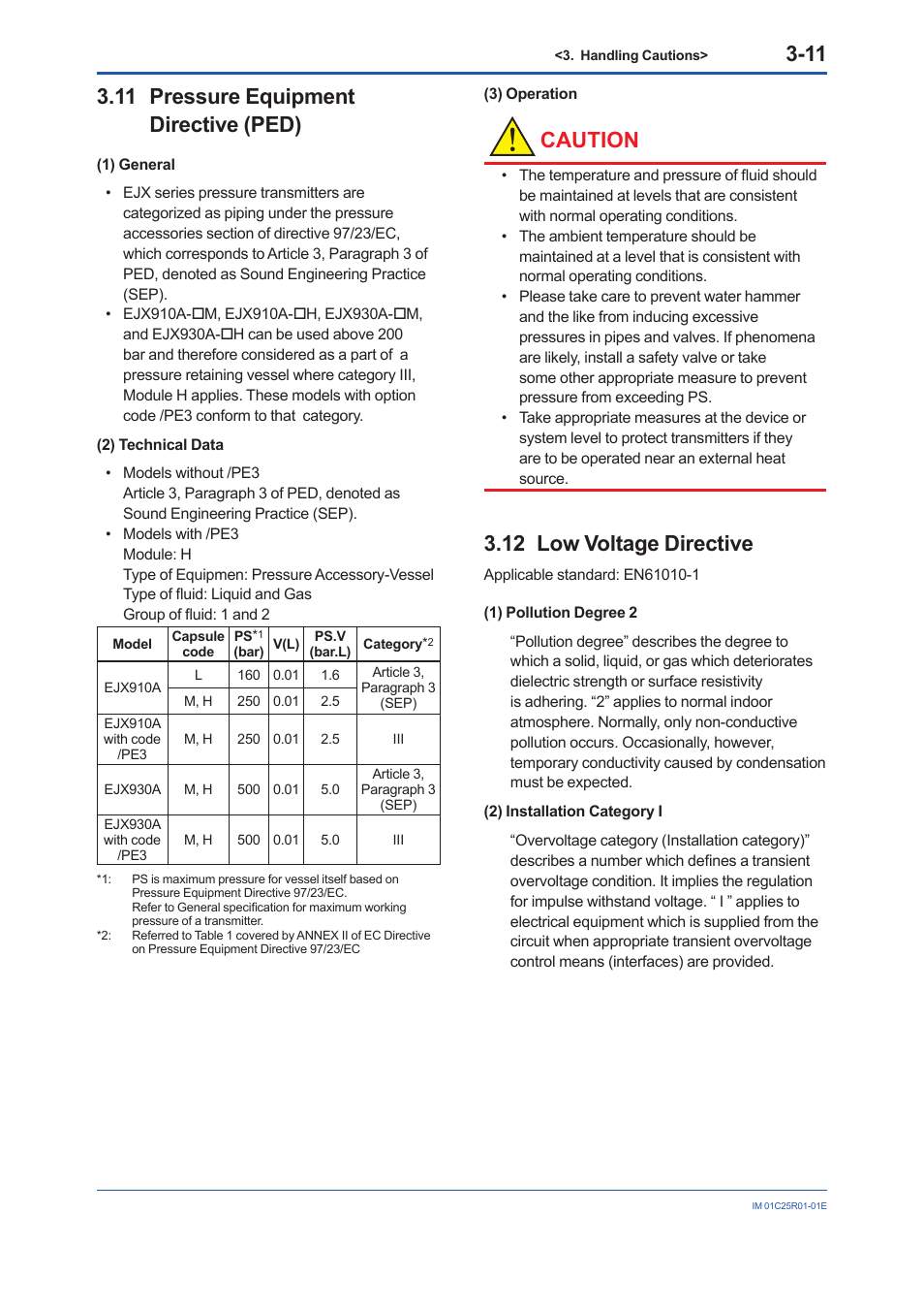 11 pressure equipment directive (ped), 12 low voltage directive, Pressure equipment directive (ped) -11 | Low voltage directive -11, Caution | Yokogawa EJX930A User Manual | Page 28 / 83
