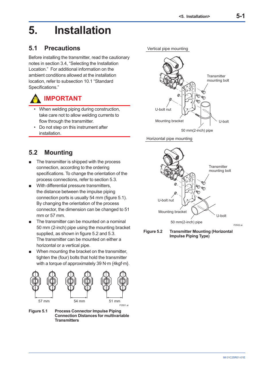 Installation, 1 precautions, 2 mounting | Installation -1, Precautions -1, Mounting -1, Important | Yokogawa EJX930A User Manual | Page 30 / 83