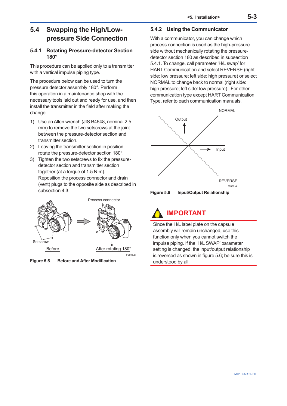 4 swapping the high/low-pressure side connection, 1 rotating pressure-detector section 180, 2 using the communicator | Rotating pressure-detector section 180° -3, Using the communicator -3, 4 swapping the high/low- pressure side connection, Important | Yokogawa EJX930A User Manual | Page 32 / 83