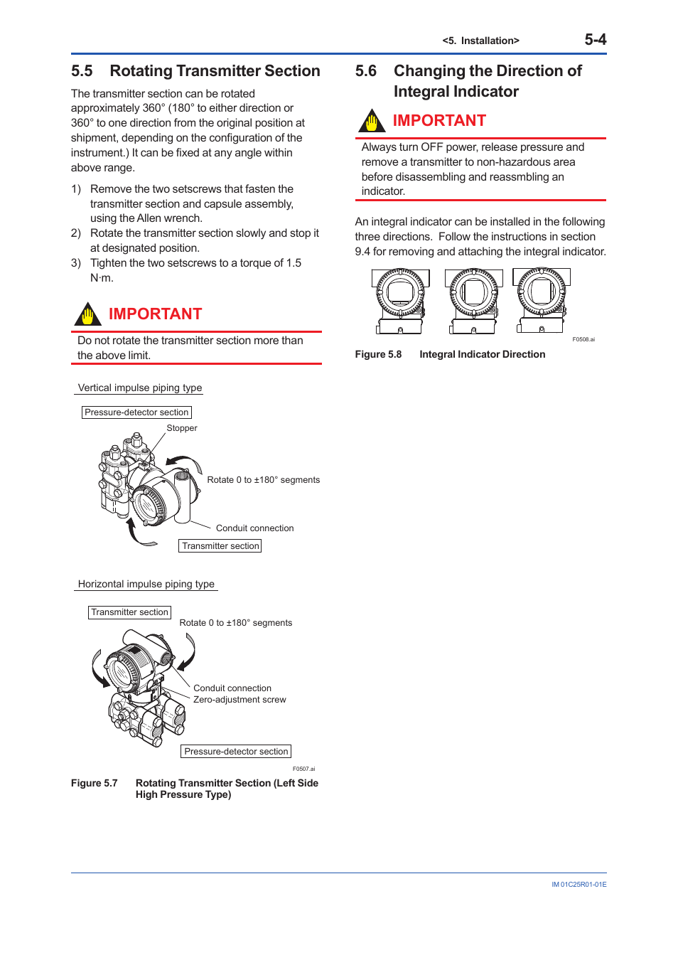 5 rotating transmitter section, 6 changing the direction of integral indicator, Rotating transmitter section -4 | Changing the direction of integral indicator -4, Important | Yokogawa EJX930A User Manual | Page 33 / 83