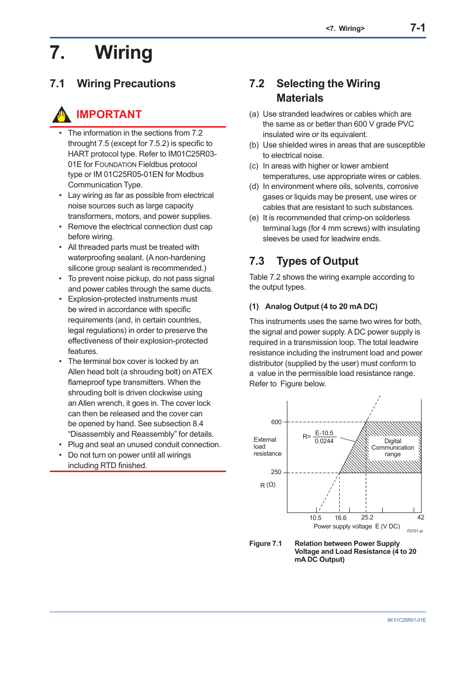 Wiring, 1 wiring precautions, 2 selecting the wiring materials | 3 types of output, Wiring -1, Wiring precautions -1, Selecting the wiring materials -1, Types of output -1, 1 wiring precautions important | Yokogawa EJX930A User Manual | Page 38 / 83