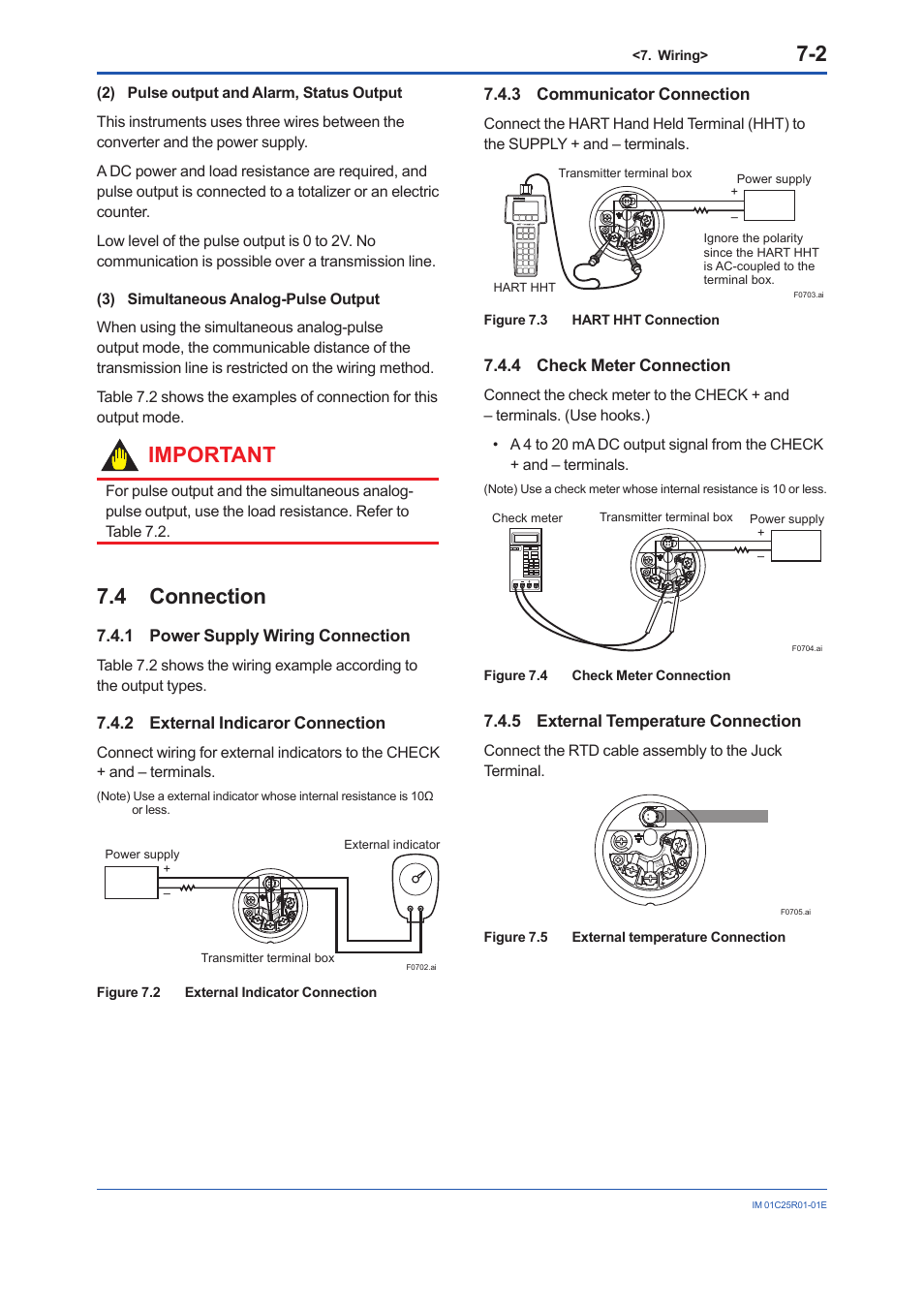 4 connection, 1 power supply wiring connection, 2 external indicaror connection | 3 communicator connection, 4 check meter connection, 5 external temperature connection, Connection -2 7.4.1, Power supply wiring connection -2, External indicaror connection -2, Communicator connection -2 | Yokogawa EJX930A User Manual | Page 39 / 83