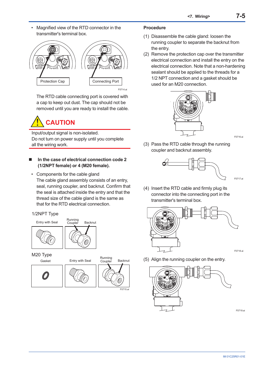 Caution, 1/2npt type m20 type, 5) align the running coupler on the entry | Wiring, Protection cap connecting port | Yokogawa EJX930A User Manual | Page 42 / 83