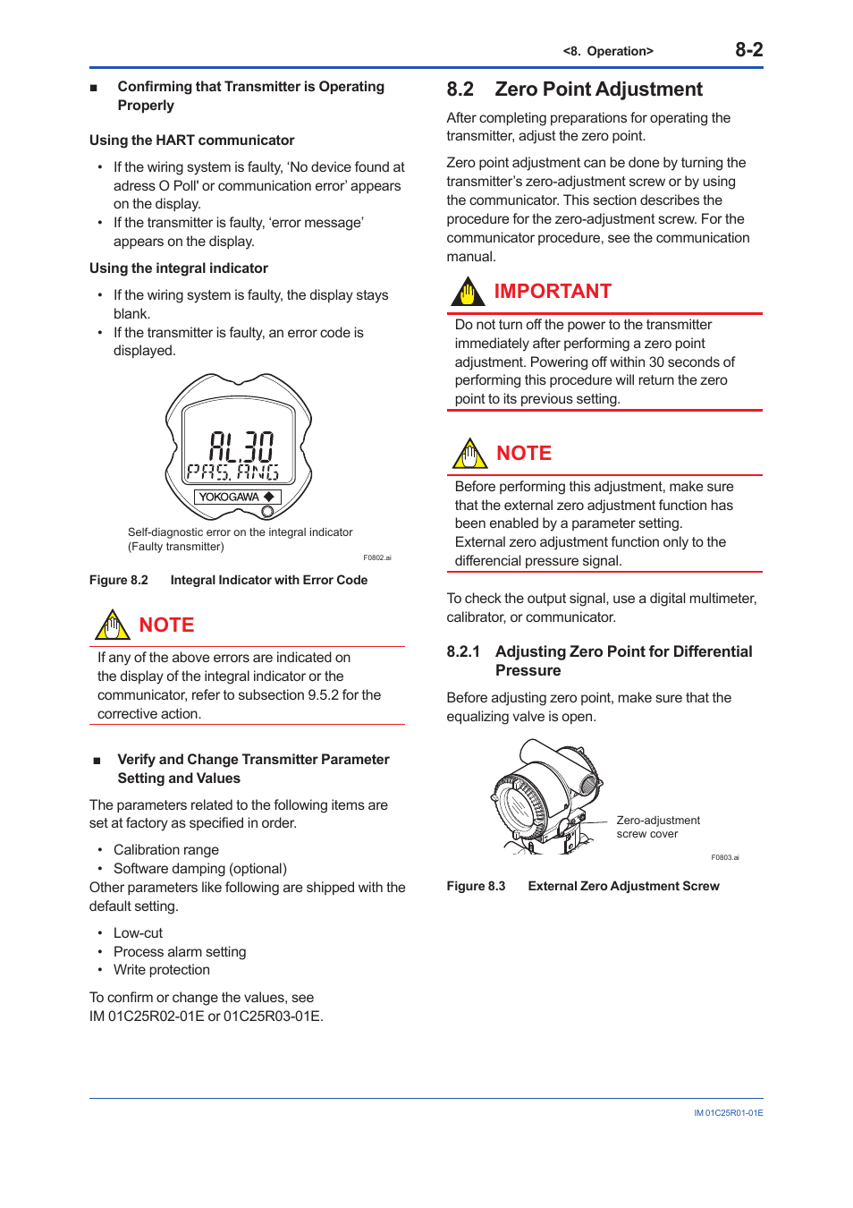 2 zero point adjustment, 1 adjusting zero point for differential pressure, Zero point adjustment -2 8.2.1 | Adjusting zero point for differential pressure -2, Important | Yokogawa EJX930A User Manual | Page 49 / 83