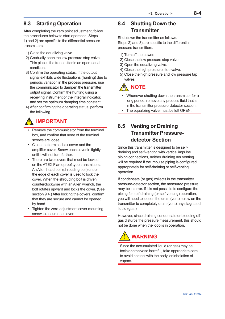 3 starting operation, 4 shutting down the transmitter, Starting operation -4 | Shutting down the transmitter -4, Important, Warning | Yokogawa EJX930A User Manual | Page 51 / 83